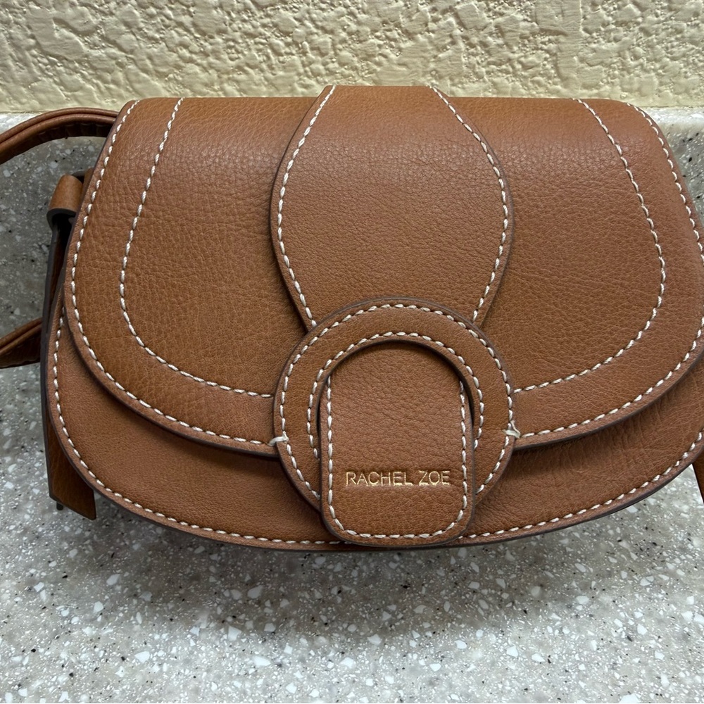 Rachel Zoe Cognac Leather Crossbody Bag with Contrast Stitching